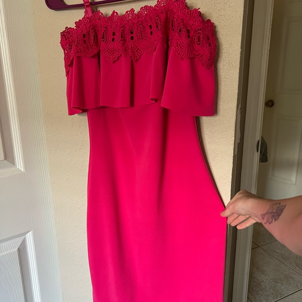 Off The Shoulder Laced Trim Bodycon Hot Pink Dress